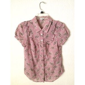 Pink/Purple Button-up Blouse with Ruffles